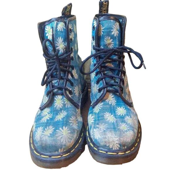 Vintage 90s Dr. Martens Blue Daisy Floral Canvas Vegan Made in England Size 7 - Picture 3 of 10